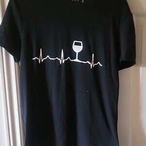 Black T-Shirt with Wine Glass Heartbeat Design